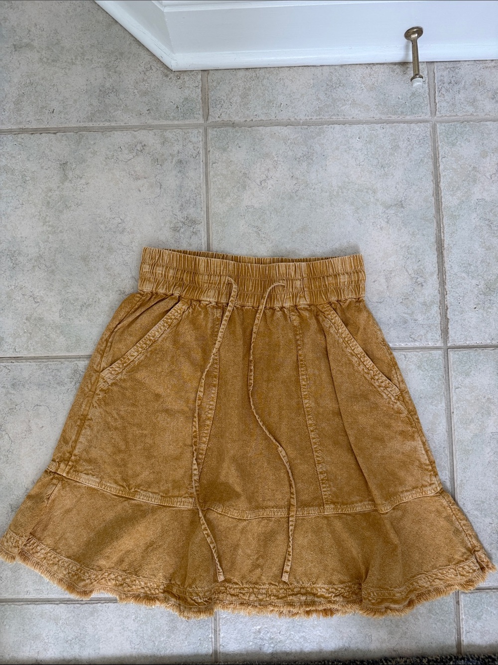 Pilcro Tan Drawstring Ruffle-Hem Skater Skirt